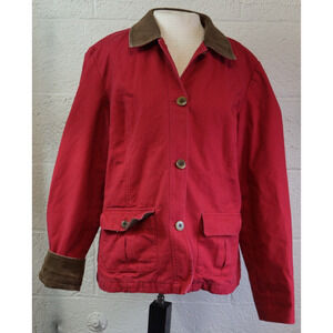LL Bean Jacket Women L Red Barn Coat Corduroy Collar Plaid Lined Chore Workwear